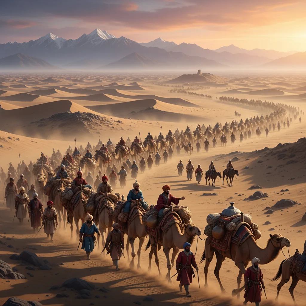 Ancient Silk Road caravan crossing a desert landscape.