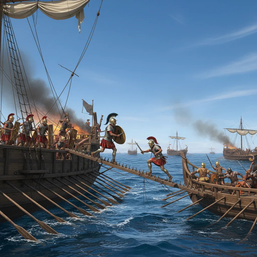 Dispositif d'abordage romain corvus déployé, reliant deux navires de guerre antiques en bataille.