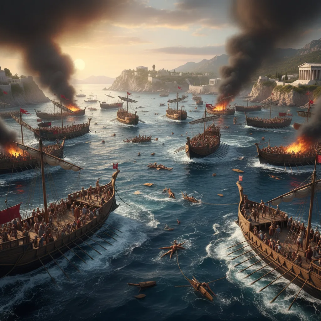 Bataille navale romaine antique massive à Actium, flottes s'affrontant, fumée s'élevant.