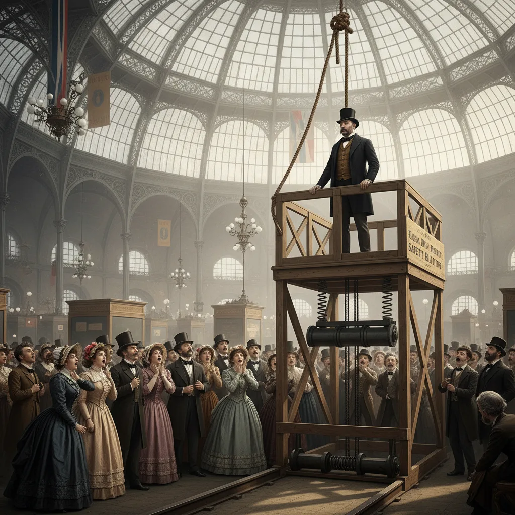 Elisha Otis demonstrates safety elevator at Crystal Palace, 1853.