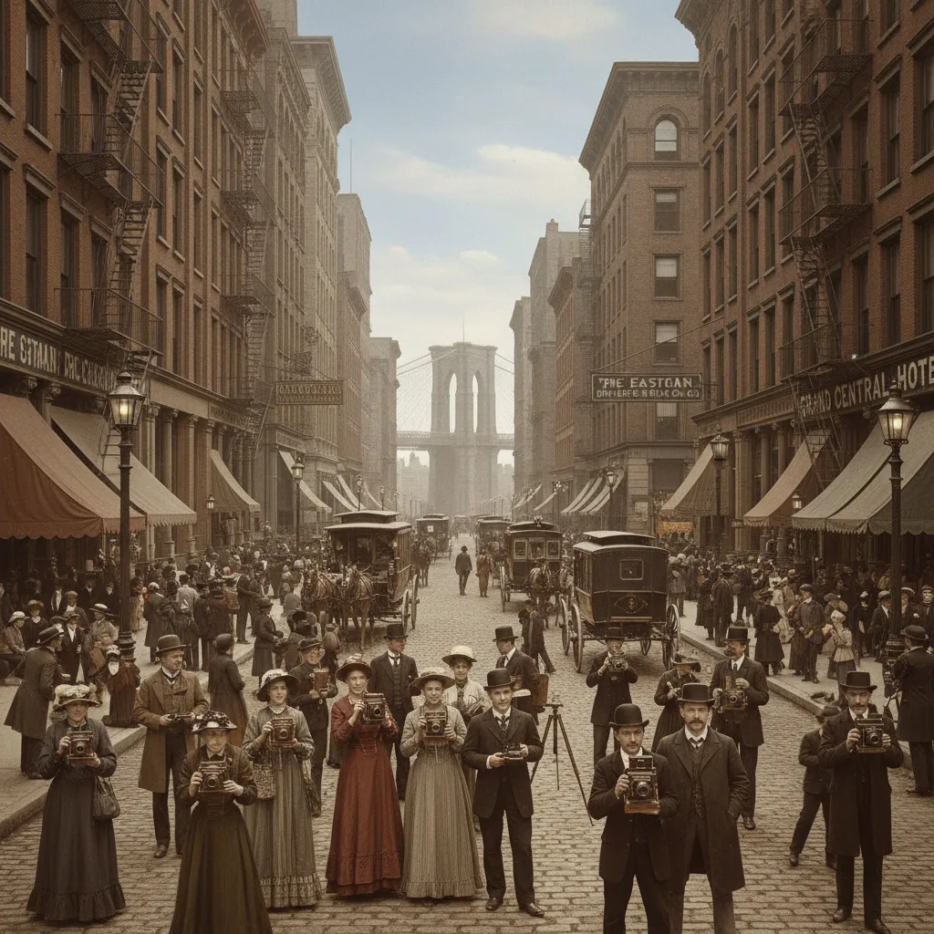 People using early Kodak box cameras in 1888 New York.