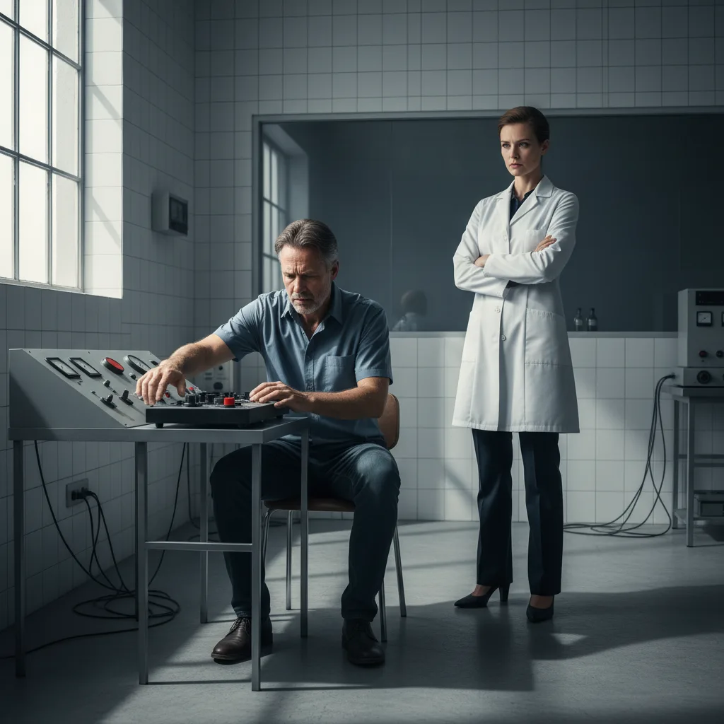 Participant in distress during Milgram experiment, experimenter observing.