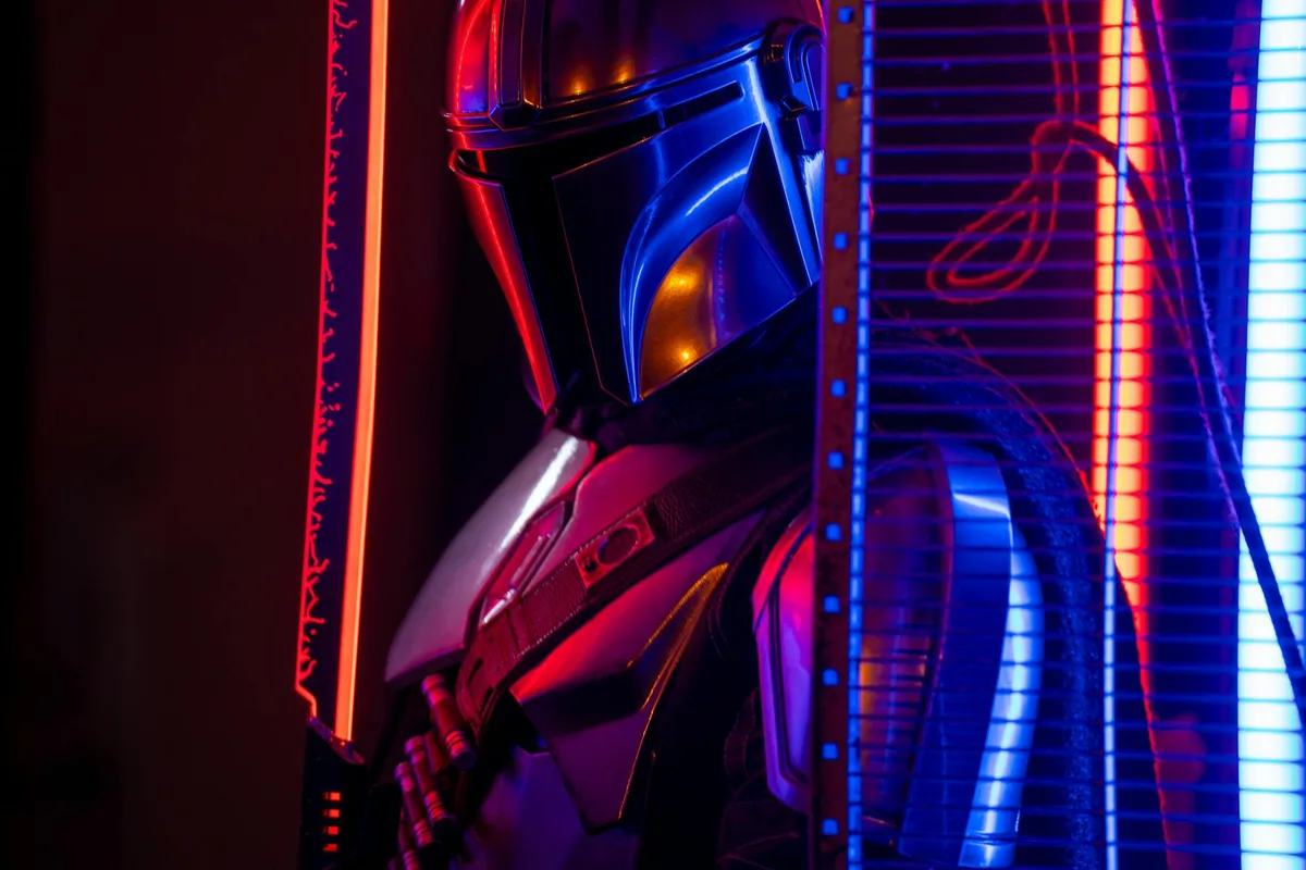 Actors perform on a virtual production set, surrounded by massive LED screens displaying dynamic dig
