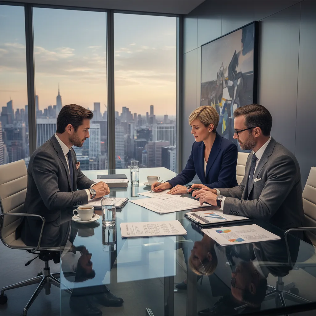 Lottery winner consulting legal and financial advisors for trust.