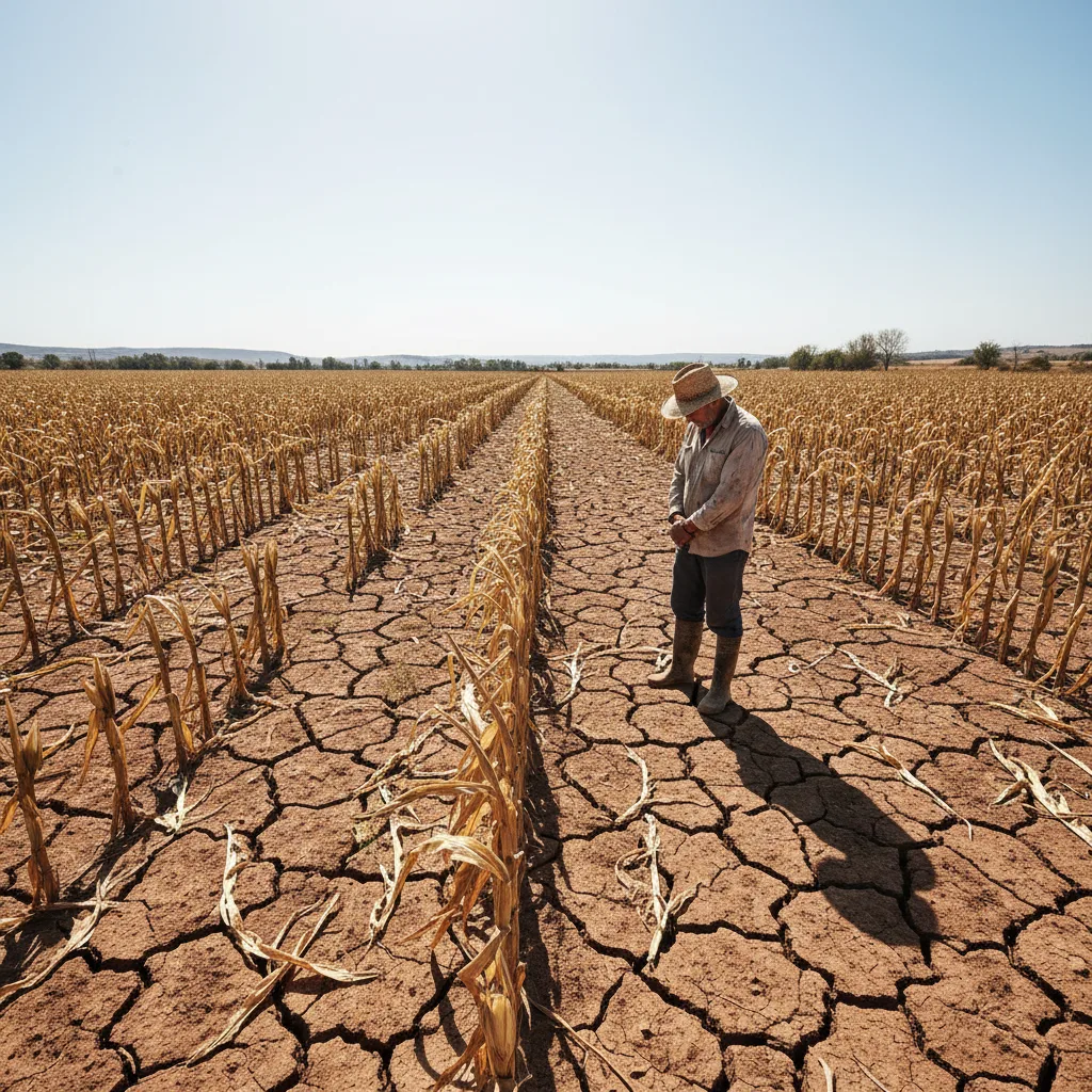 Parched earth, withered crops, and a struggling farmer in a drought-stricken region.