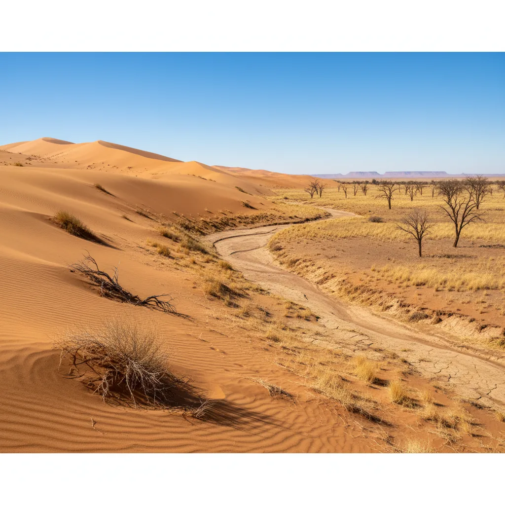 Vast desert encroaching on formerly fertile land, showing desertification's impact.