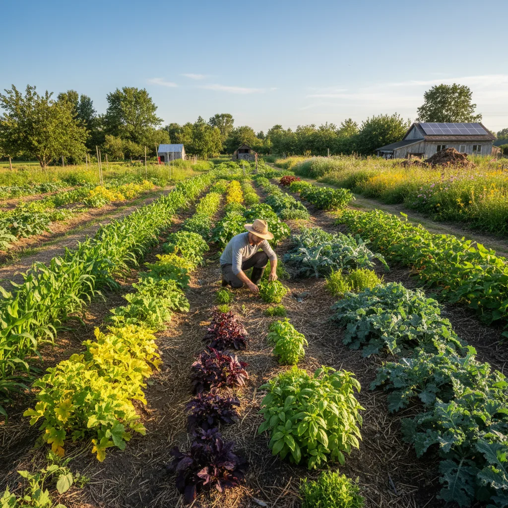 Lush, diverse agroecological farm, showcasing sustainable food production methods.
