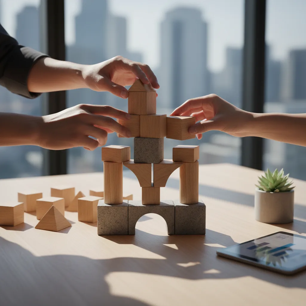 Hands carefully placing building blocks, symbolizing strategic investment.