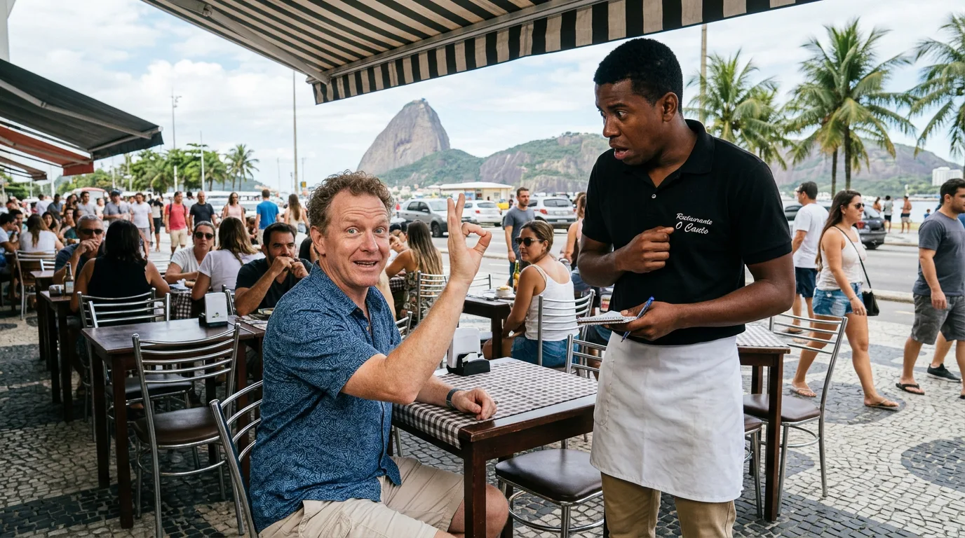 Tourist gives 'OK' sign to shocked waiter in Rio.