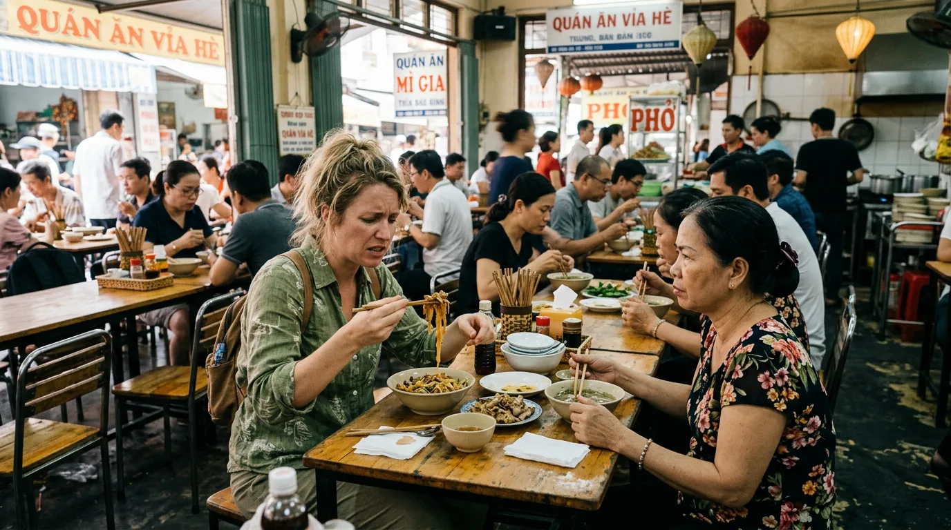 Tourist struggles with chopsticks, points accidentally.