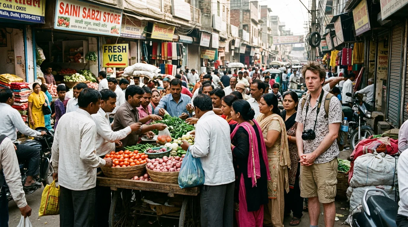 British tourist bewildered by a chaotic, non-existent queue.