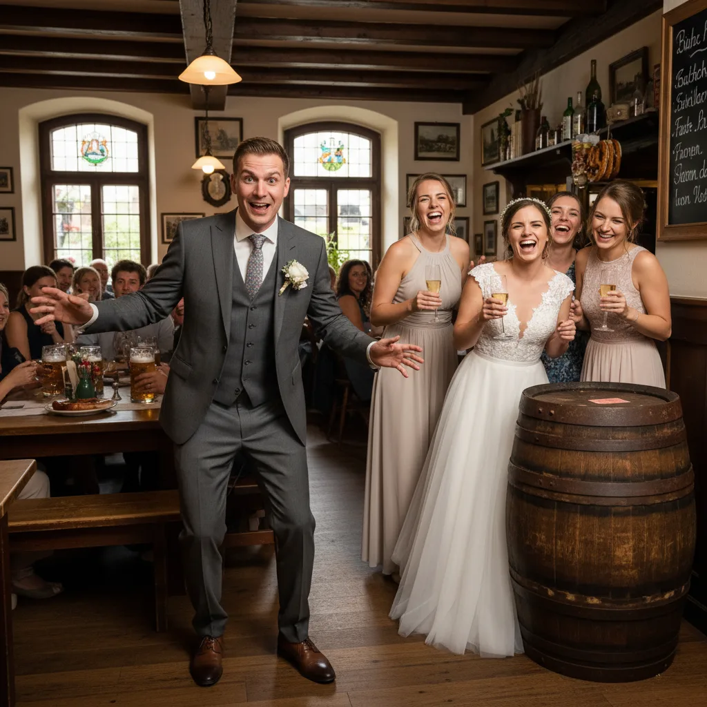 German groom playfully searches for bride and friends in a pub.