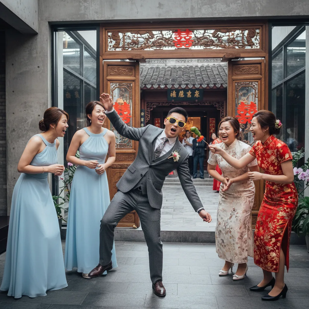 Chinese groom performs silly door game for laughing bridesmaids.