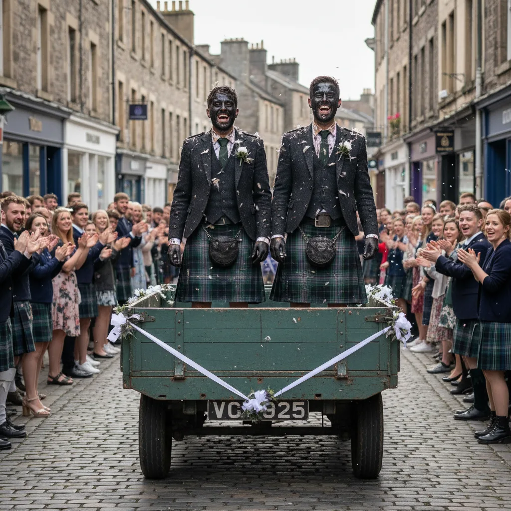 Scottish couple covered in mess, paraded in open truck.