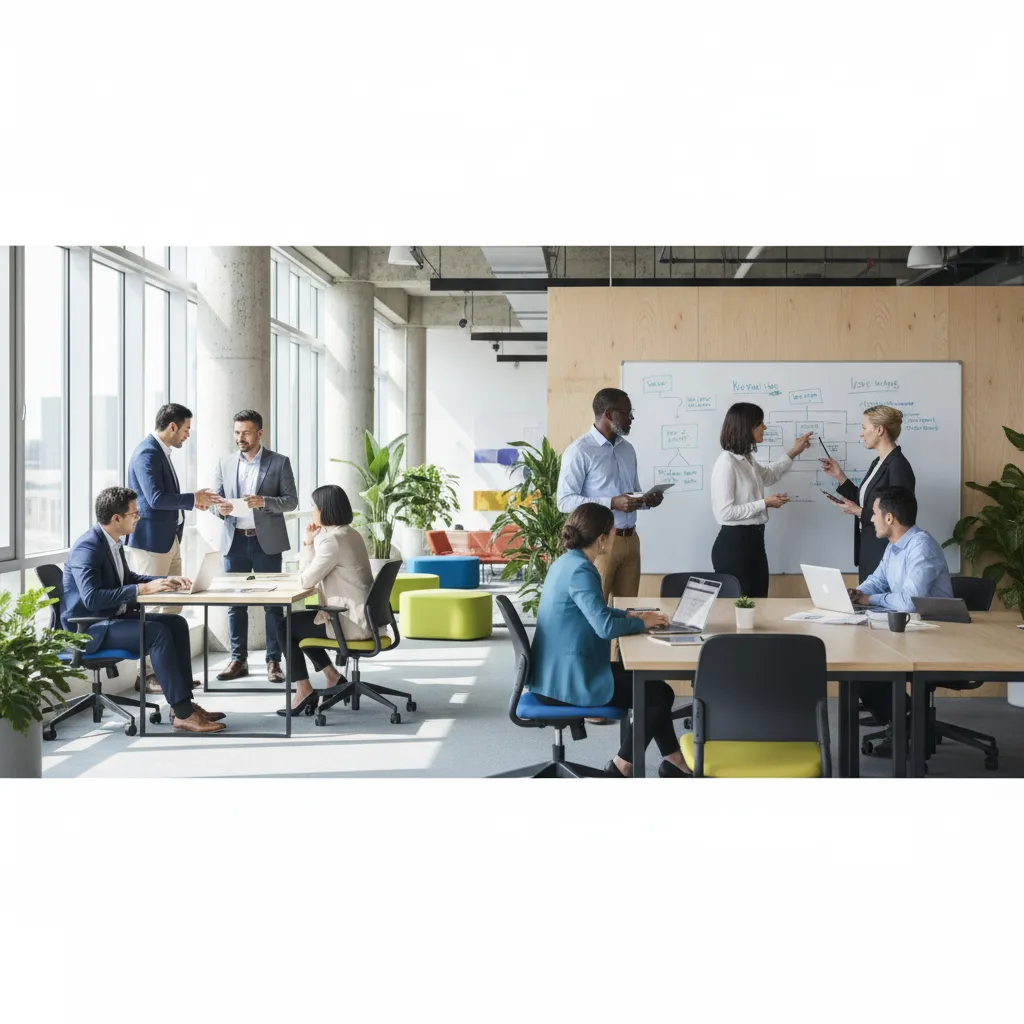 Diverse professionals adapting to rapid technological change in a modern office.