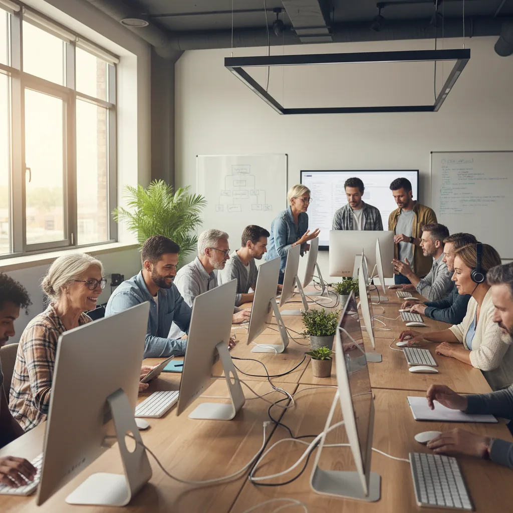People learning new skills, bridging the gap between old and new.