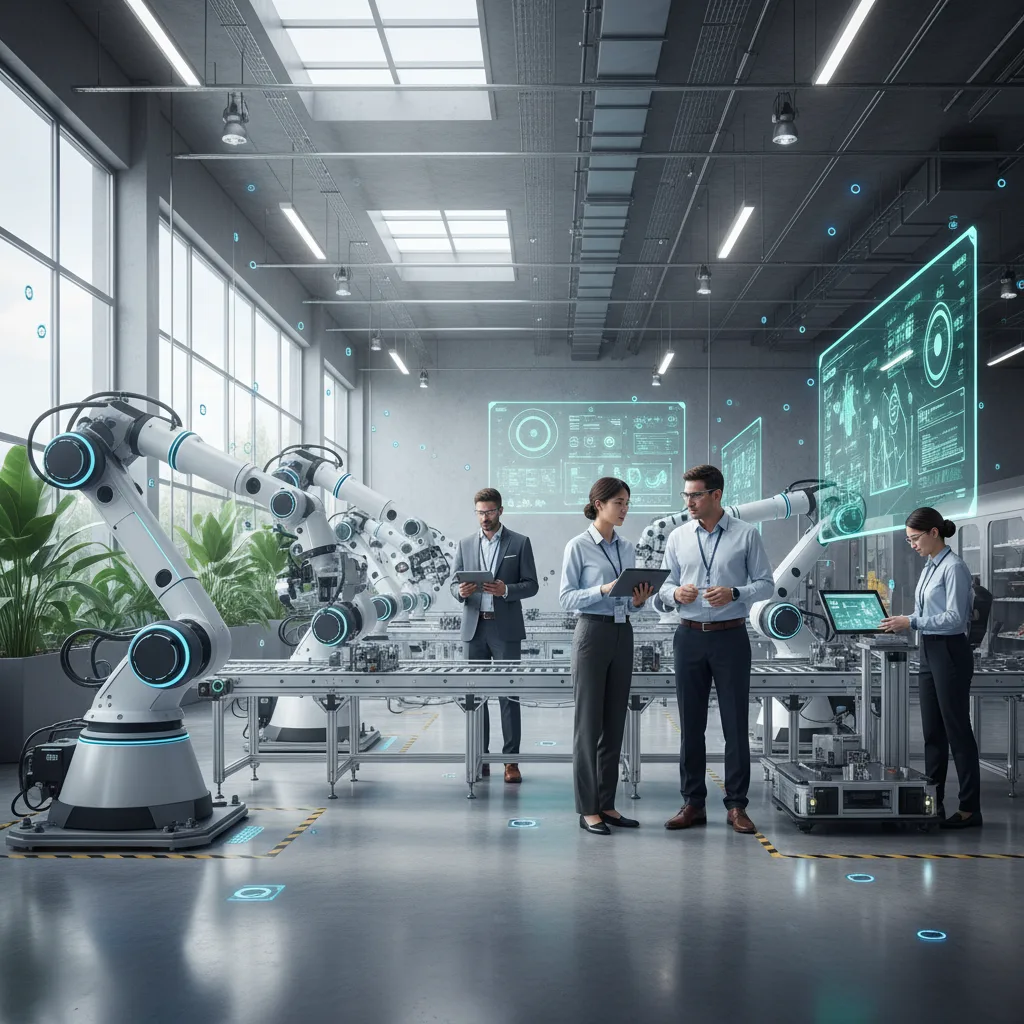Engineers and technicians working in a modern, automated factory environment.