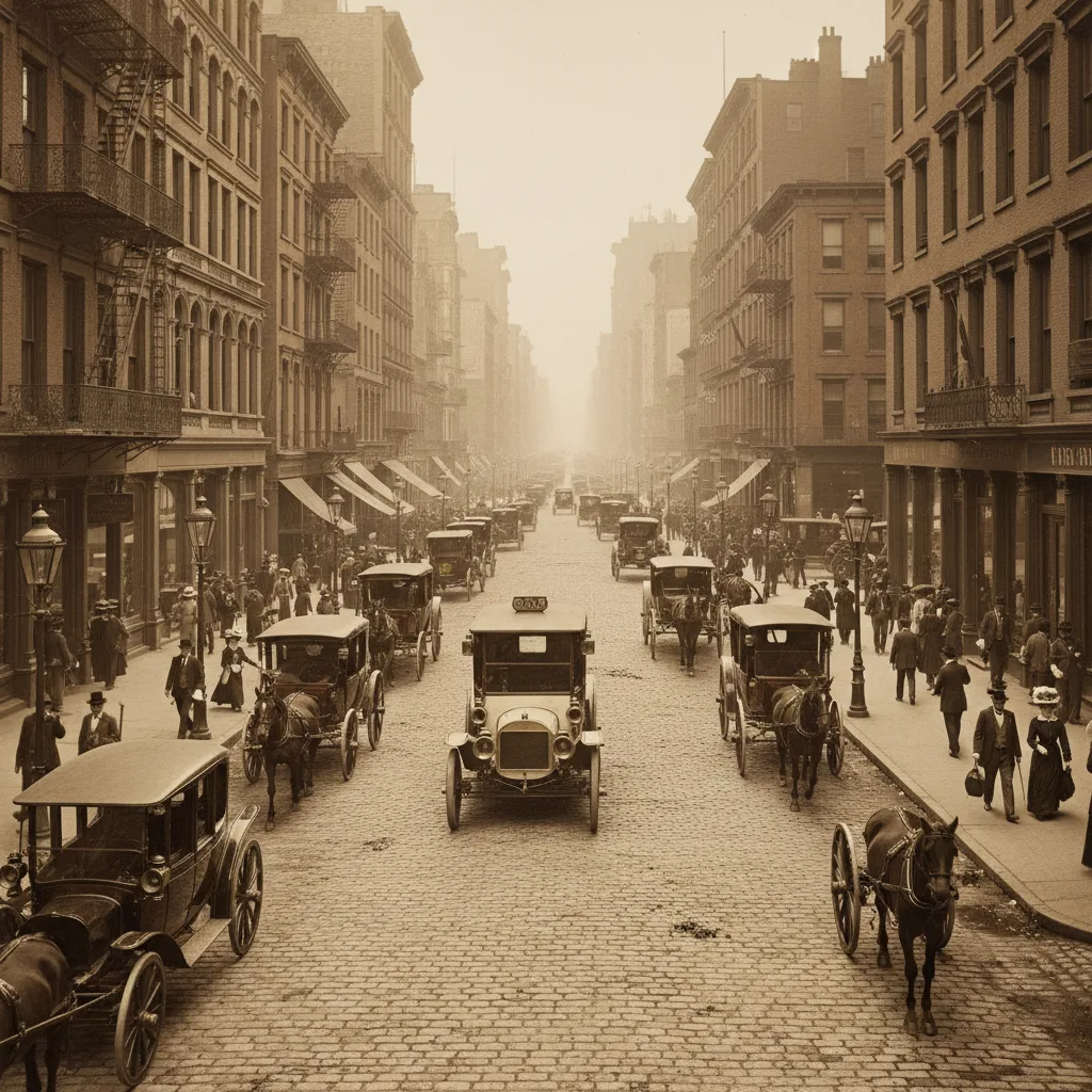 Early 1900s electric taxi in bustling New York City street.