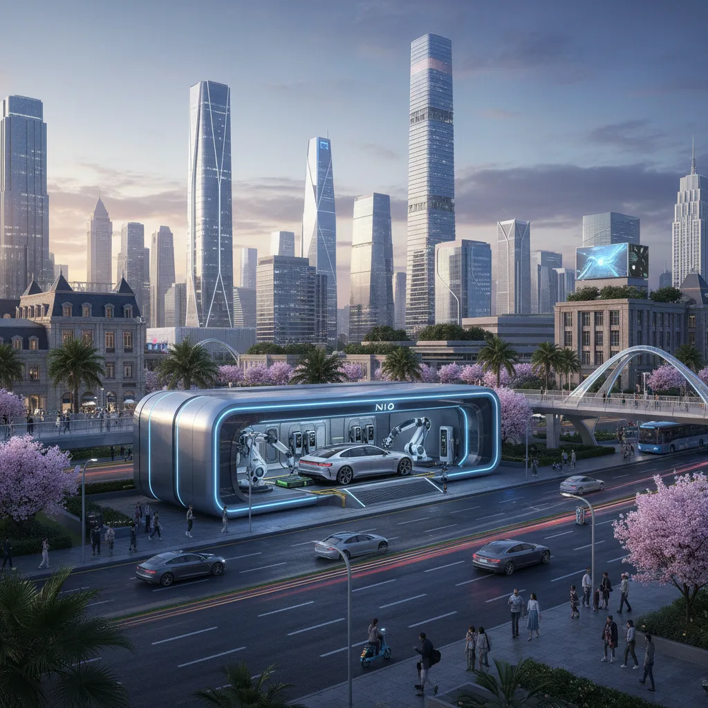 Modern Nio battery swapping station in urban setting.