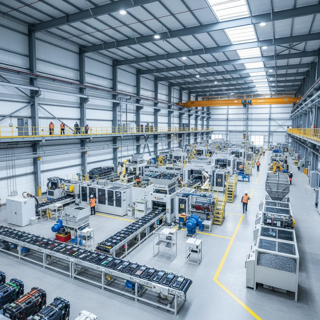 Large-scale battery recycling plant recovering critical minerals.