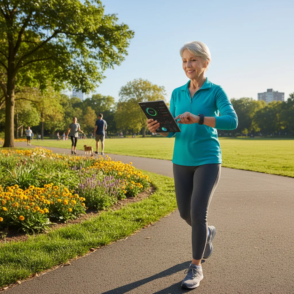Active senior enjoying retirement, combining fitness, tech, and financial security.