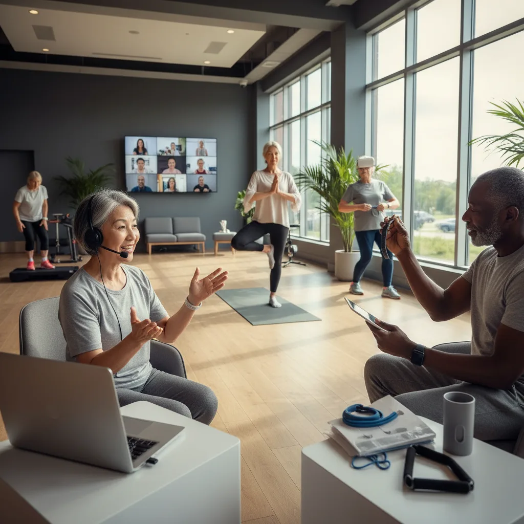 Diverse seniors using fitness tech for side hustles, blending health and income.
