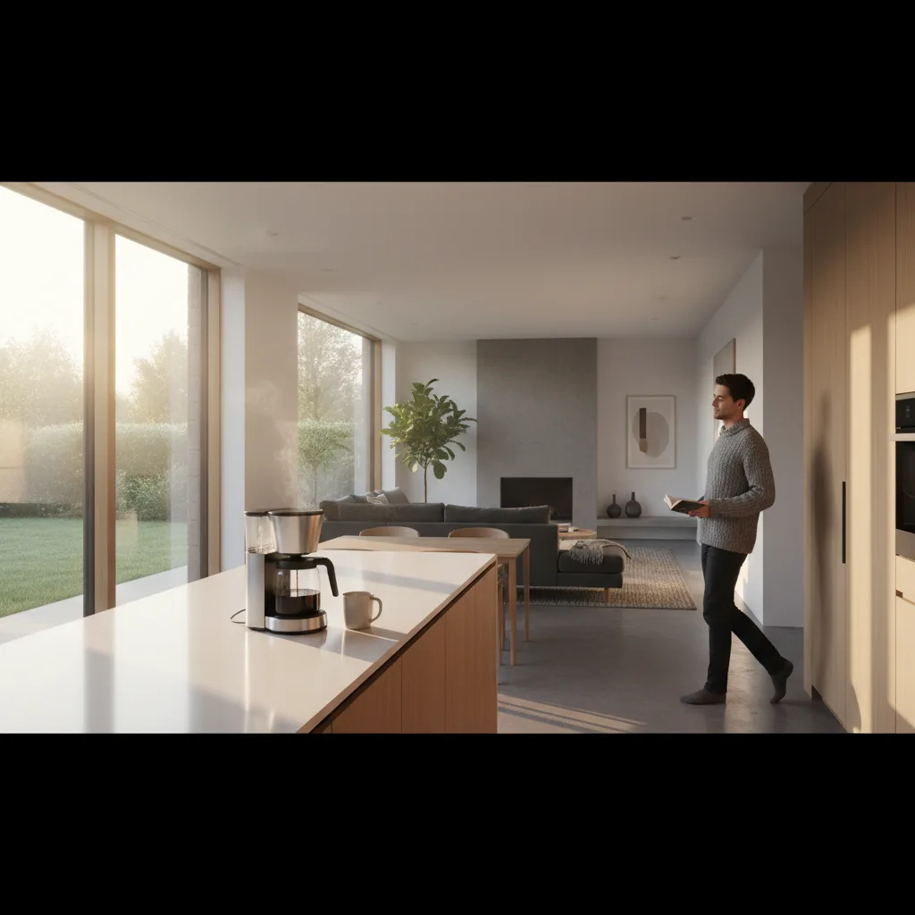 Smart home anticipates morning routine, brewing coffee and adjusting lights.