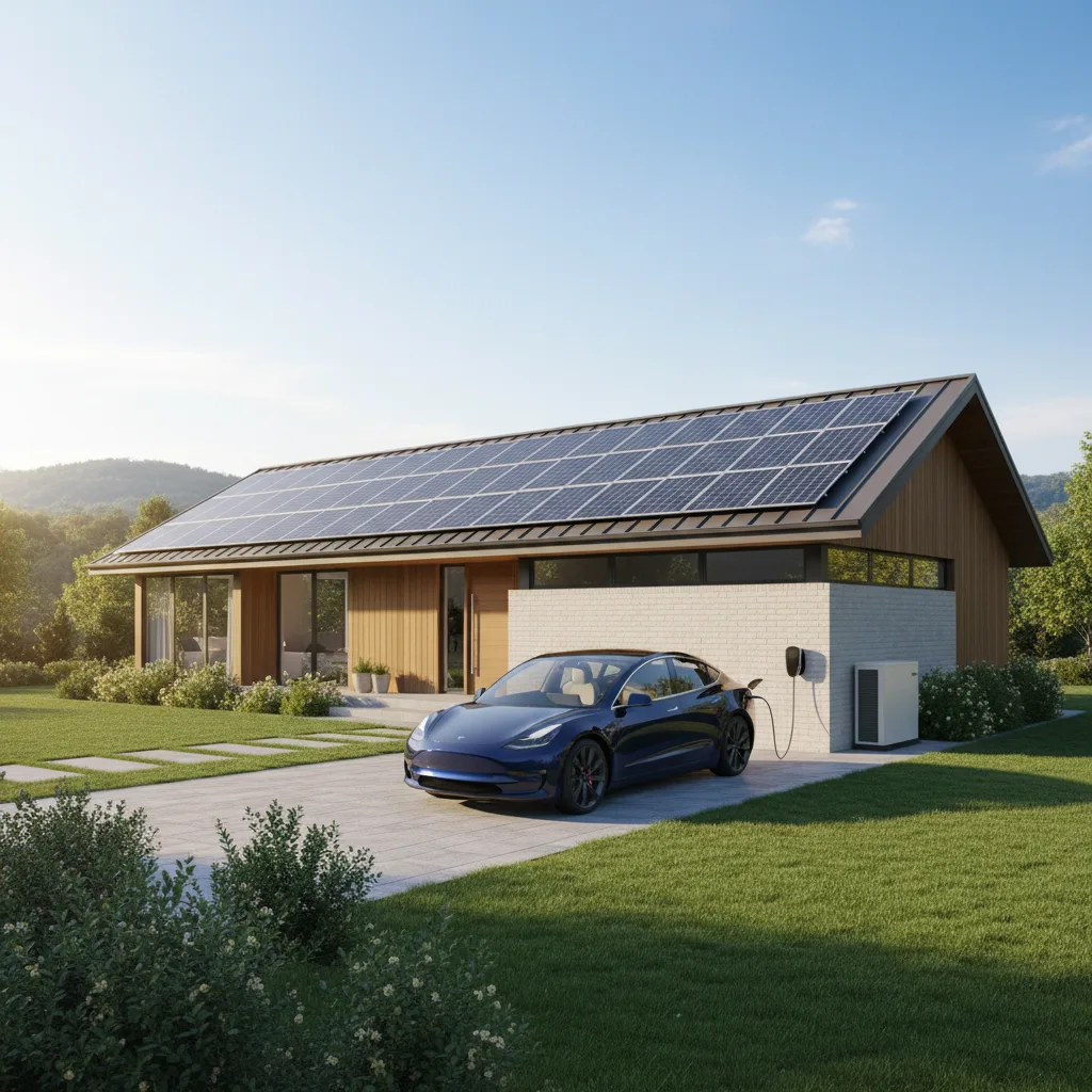 Modern home with solar panels, EV charging, and integrated energy storage.