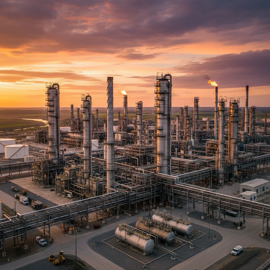 Oil refinery at sunset, symbolizing energy market volatility.