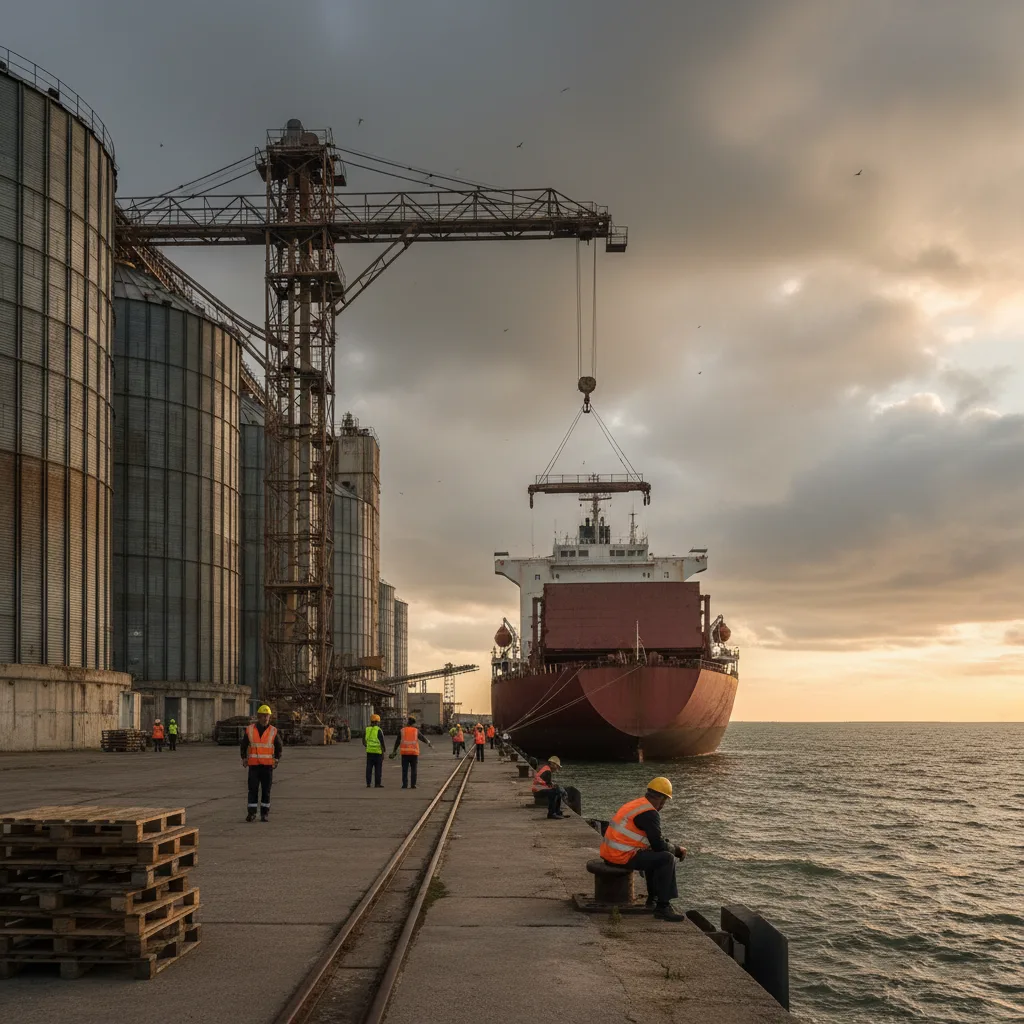 Grain silos and a cargo ship, symbolizing disrupted food exports.