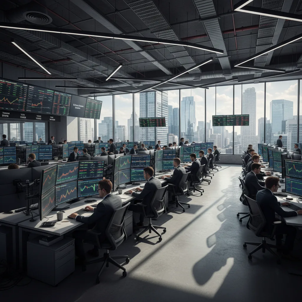 Global financial hub with traders, screens showing market volatility.