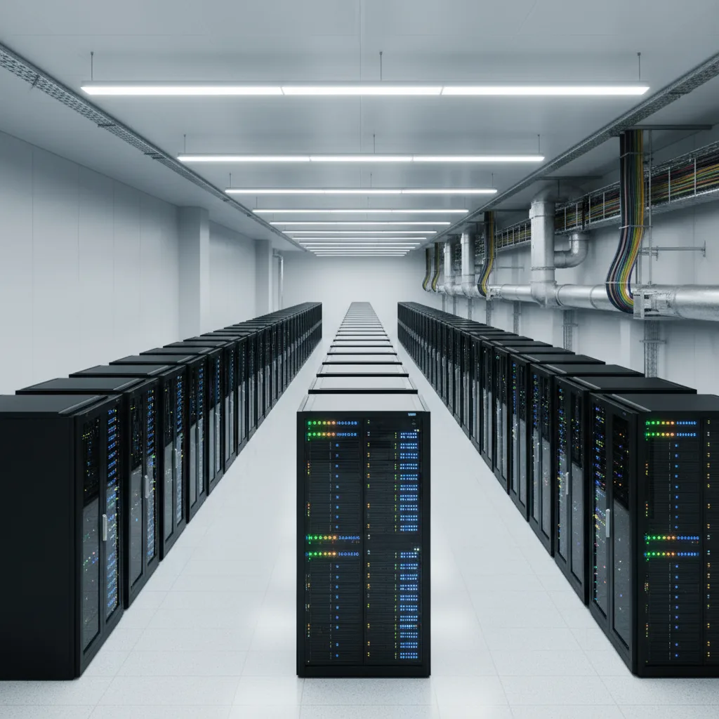 Rows of servers in a vast, modern data center.