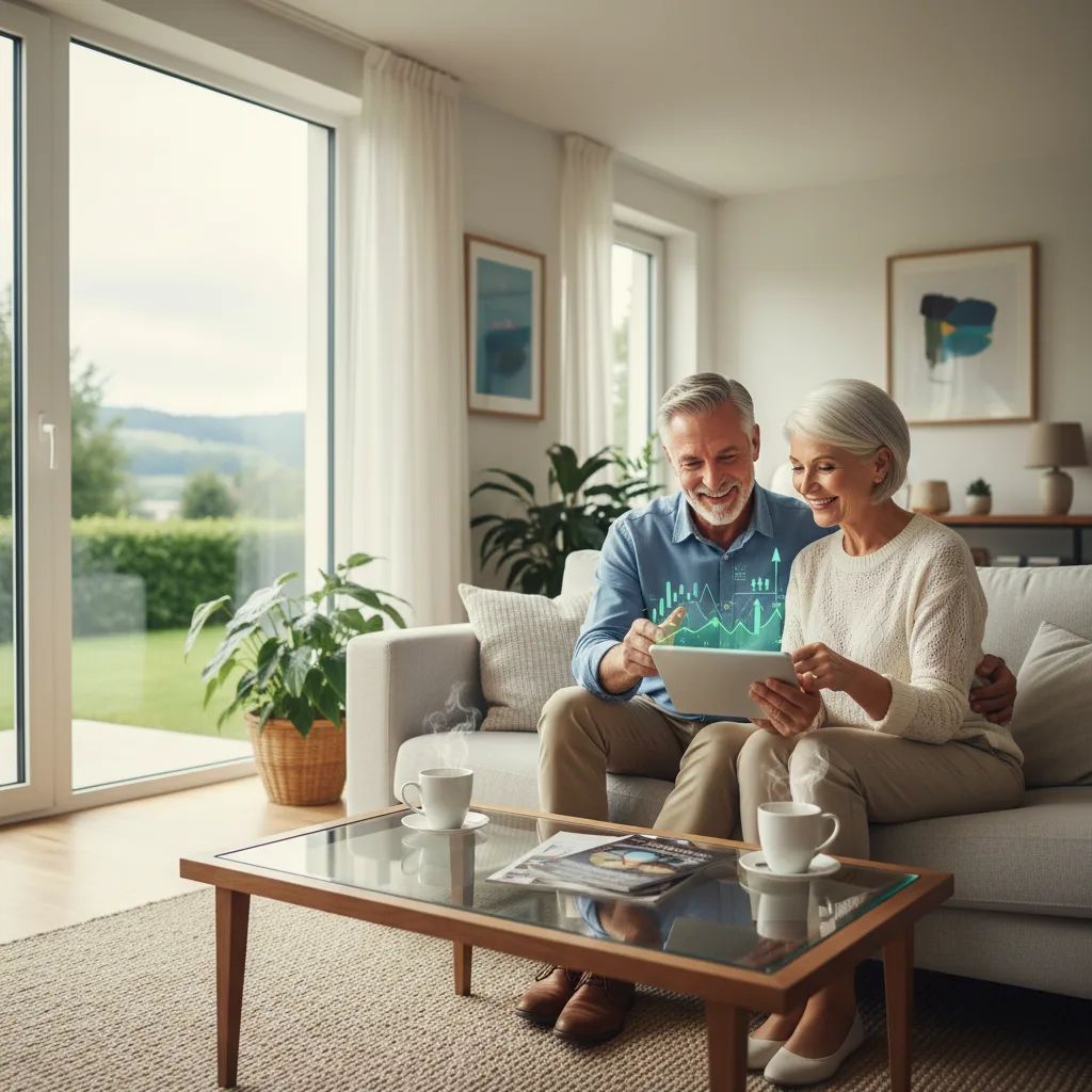Senior couple planning retirement, reviewing crypto investments on tablet.