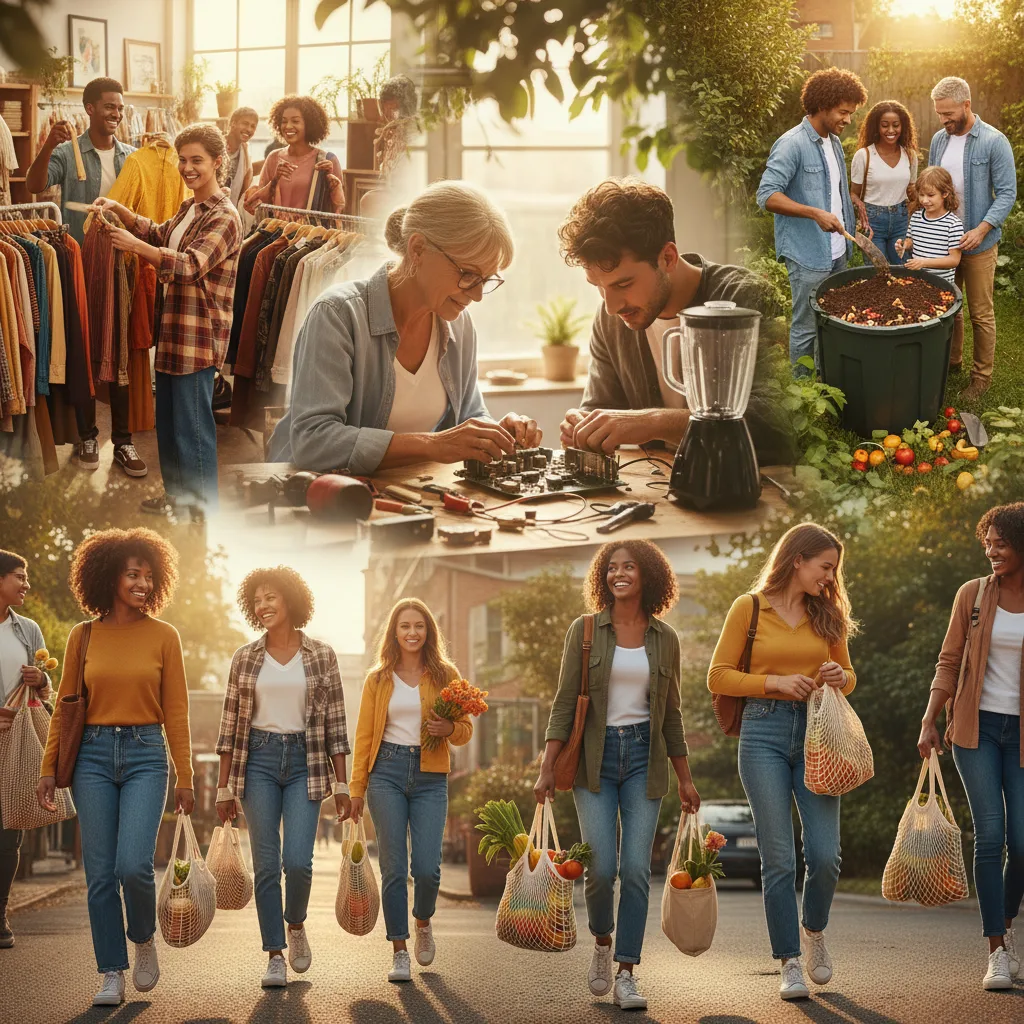 People reducing, reusing, and recycling for a greener planet.