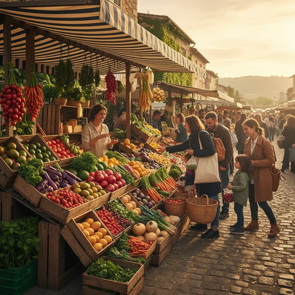 Vibrant farmers' market with fresh, colorful local and seasonal produce.