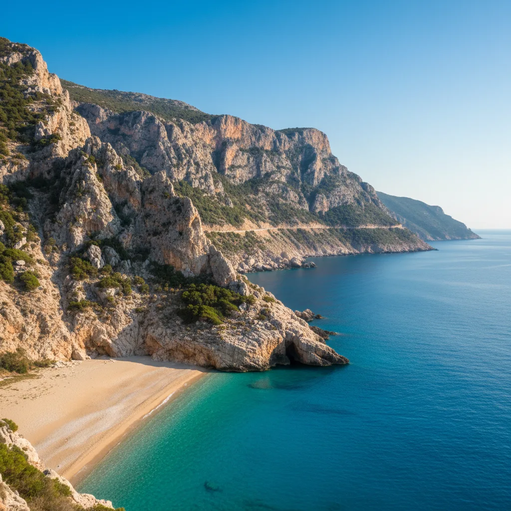 Stunning Albanian Riviera coastline with turquoise waters and rugged cliffs.
