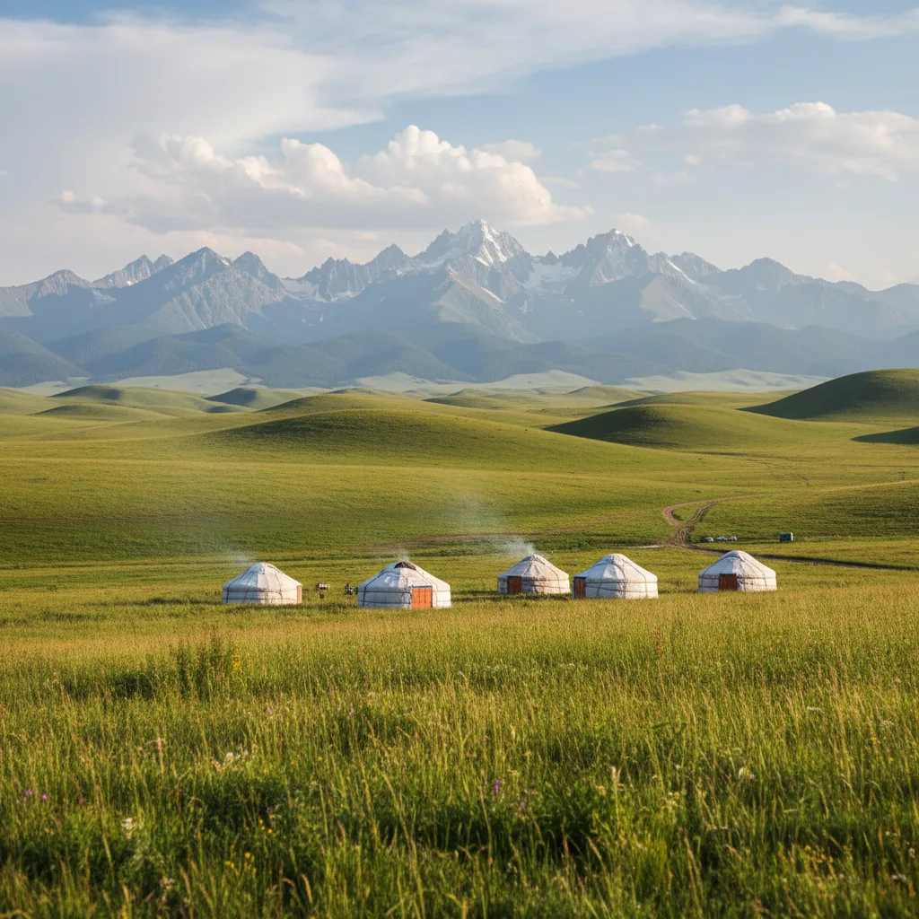Nomadic yurts in vast, green Kyrgyz mountain steppes.