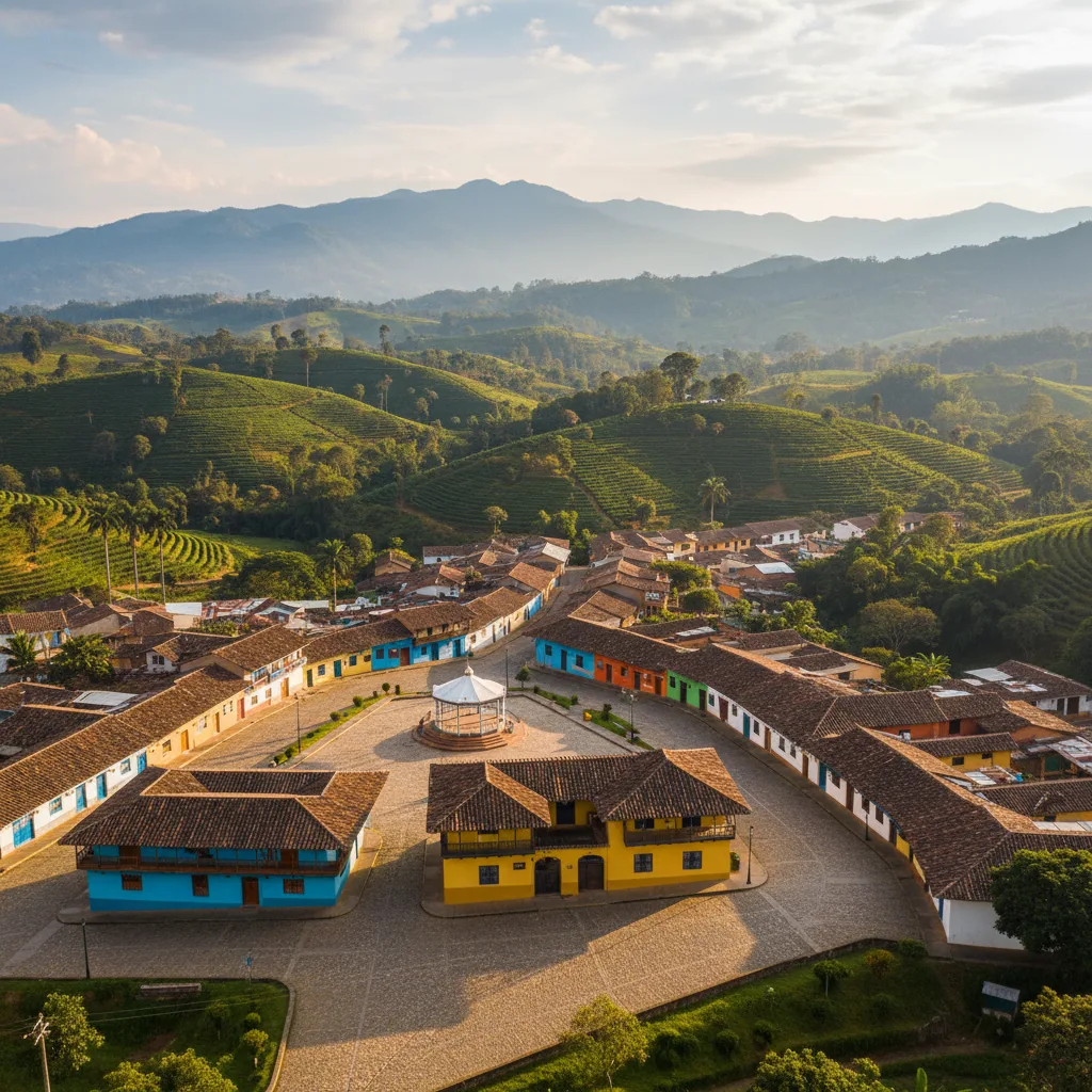 Colorful colonial town in Colombia's lush coffee region.