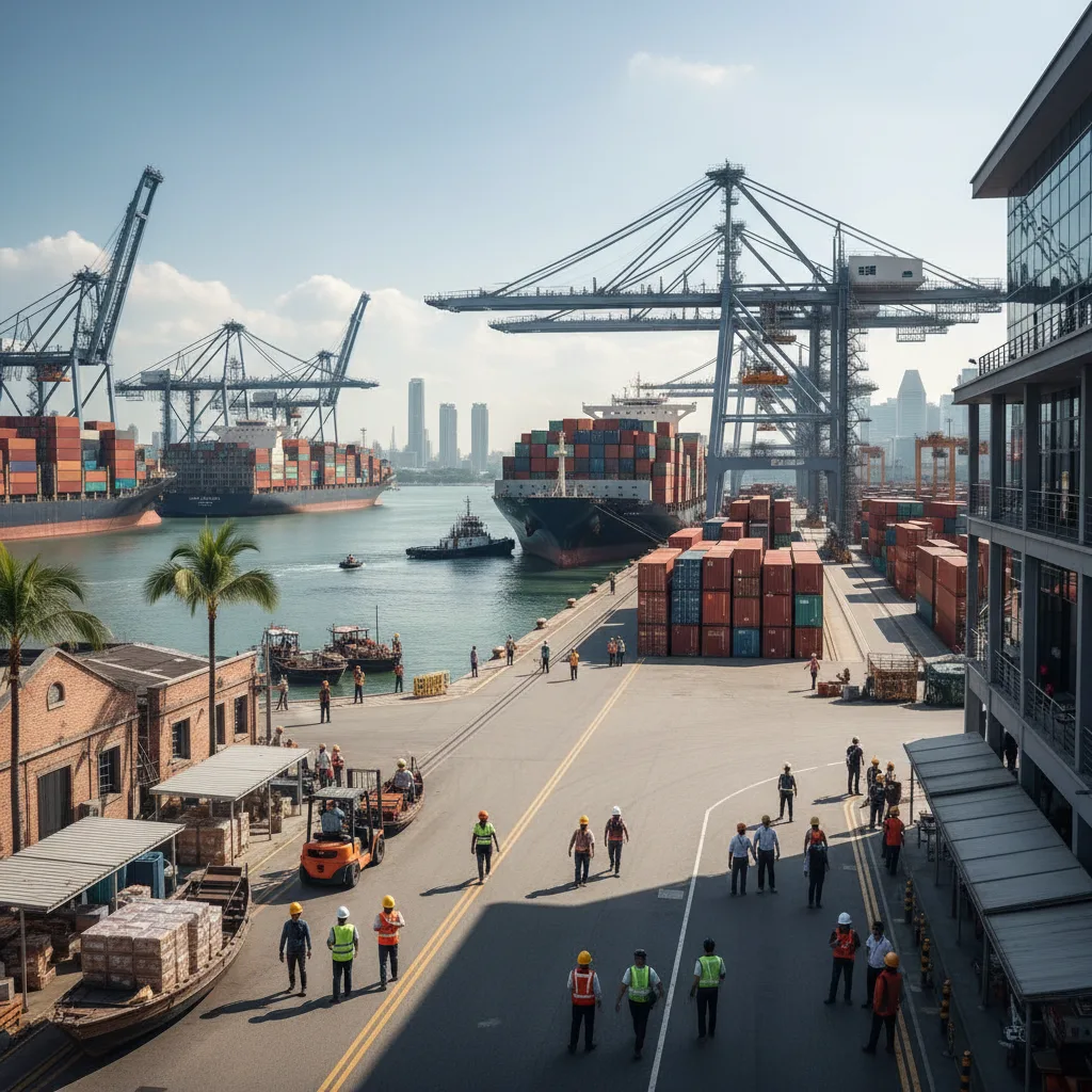 Bustling modern Singapore port, diverse people, hinting at migrant origins.