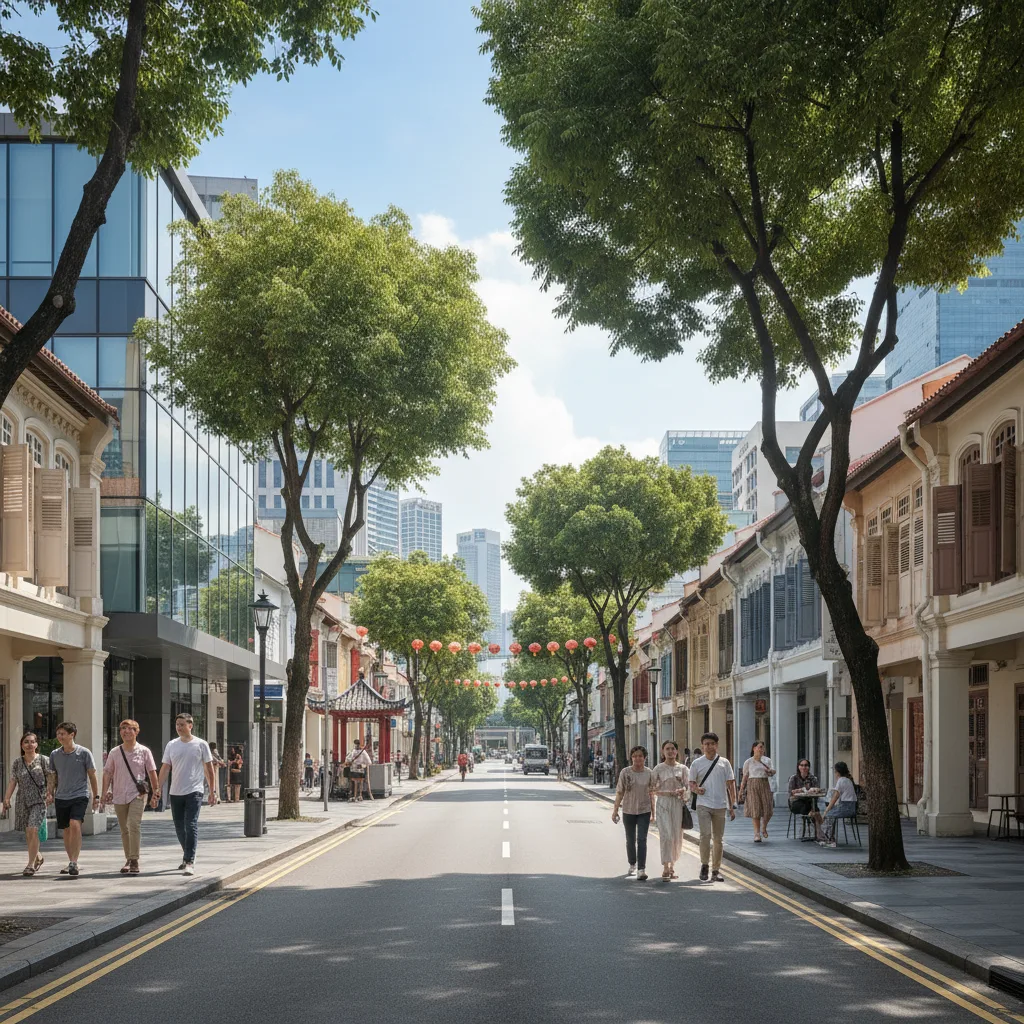 Peaceful modern Singapore street, contrasting with past violent riots.
