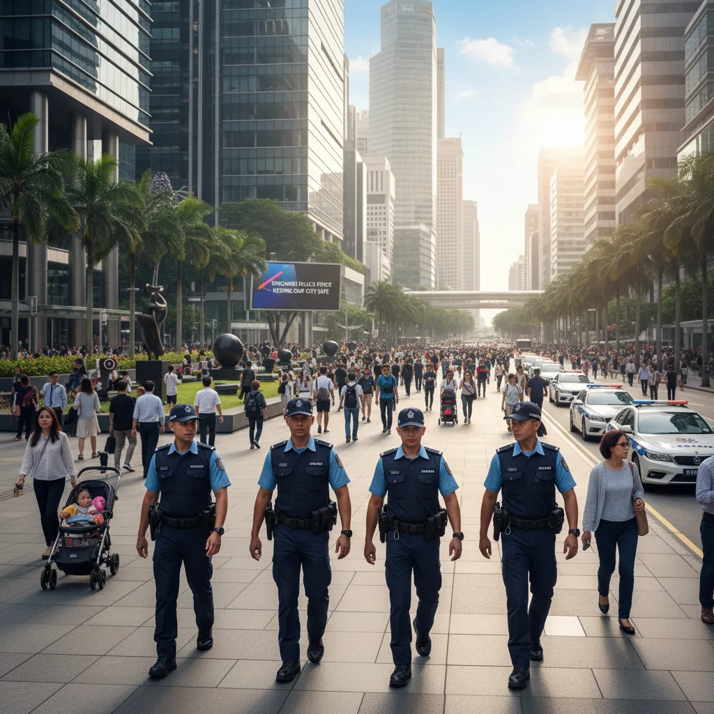 Singapore police patrol, symbolizing strong law enforcement and order.