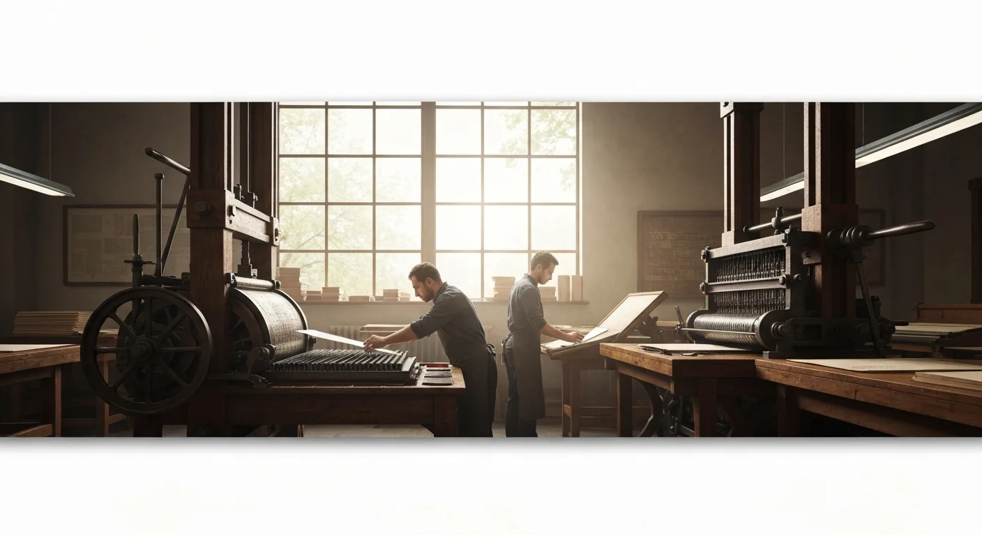 Historic printing press in operation, spreading knowledge.