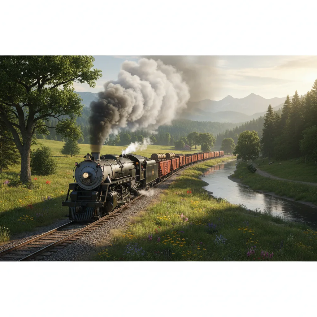 Powerful steam locomotive moving goods through a landscape.