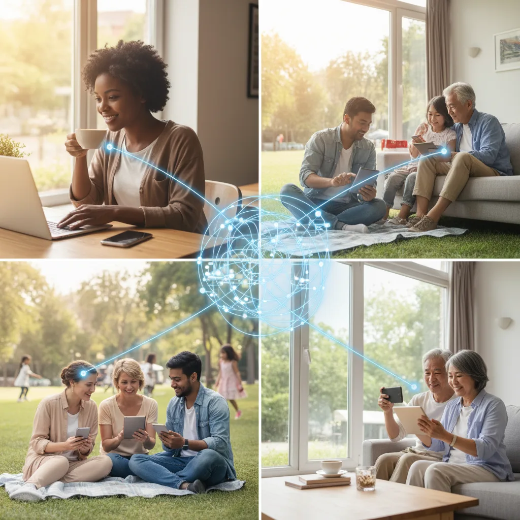 Diverse people globally connecting through digital devices.