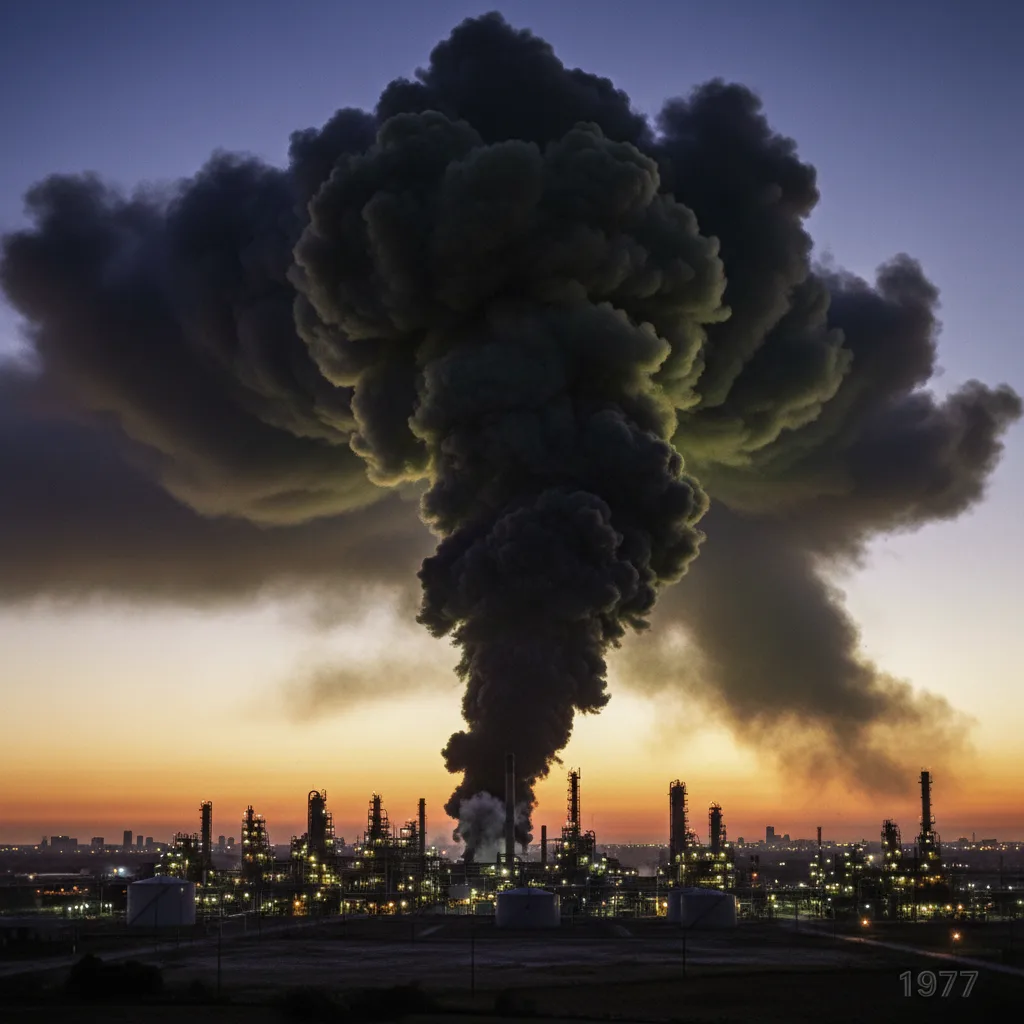 Massive dark plume from 1977 Houston chemical plant explosion.
