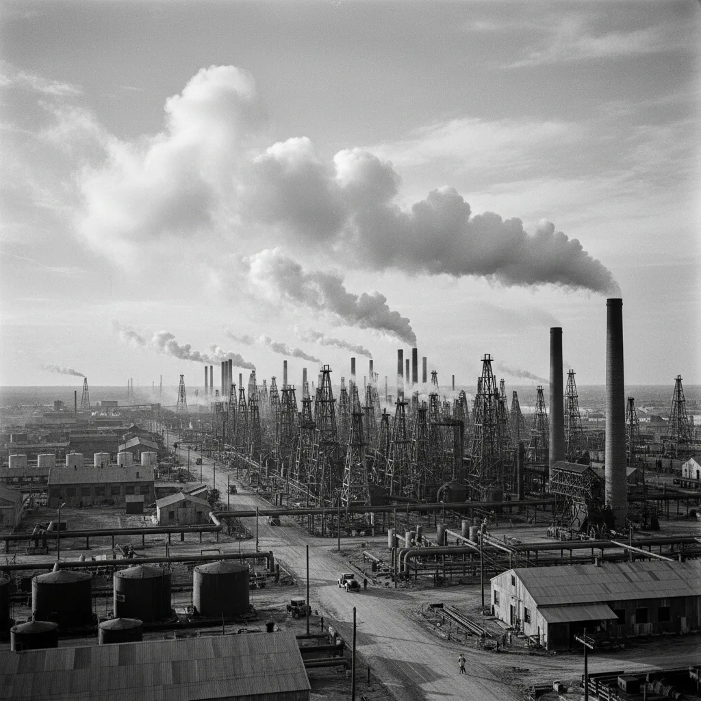 Houston's early 20th century industrial landscape with derricks and smokestacks.