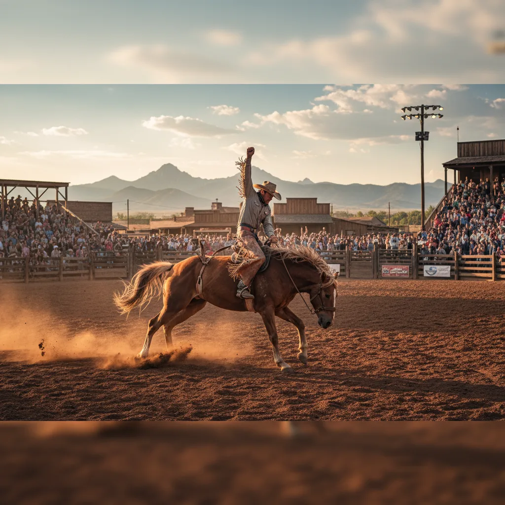 Cowboy riding a bucking bronco in a packed rodeo arena.