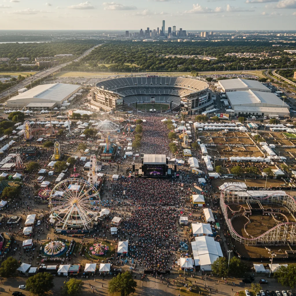 Aerial view of NRG Park bustling with Houston Rodeo activities.