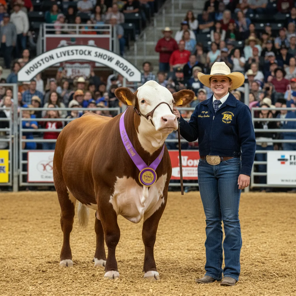 Young student proudly presents champion steer at Houston Livestock Show.