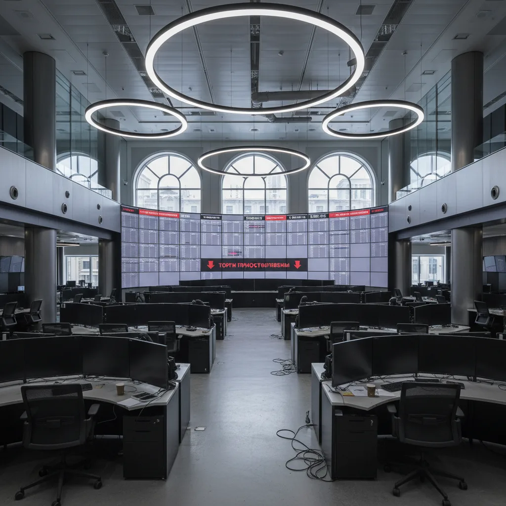 Moscow Exchange trading floor halted during Russia's 2022 Ukraine invasion.